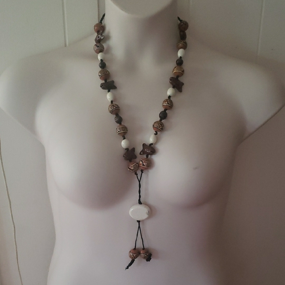 Vintage 20 inch necklace of solar quartz, figural fish and painted ceramic beads